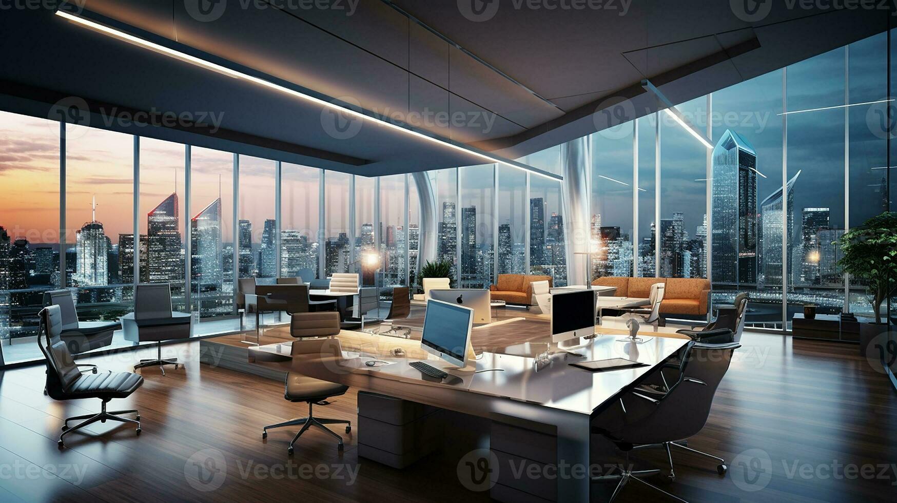 Modern office interior with panoramic windows and beautiful lighting. Generative AI photo