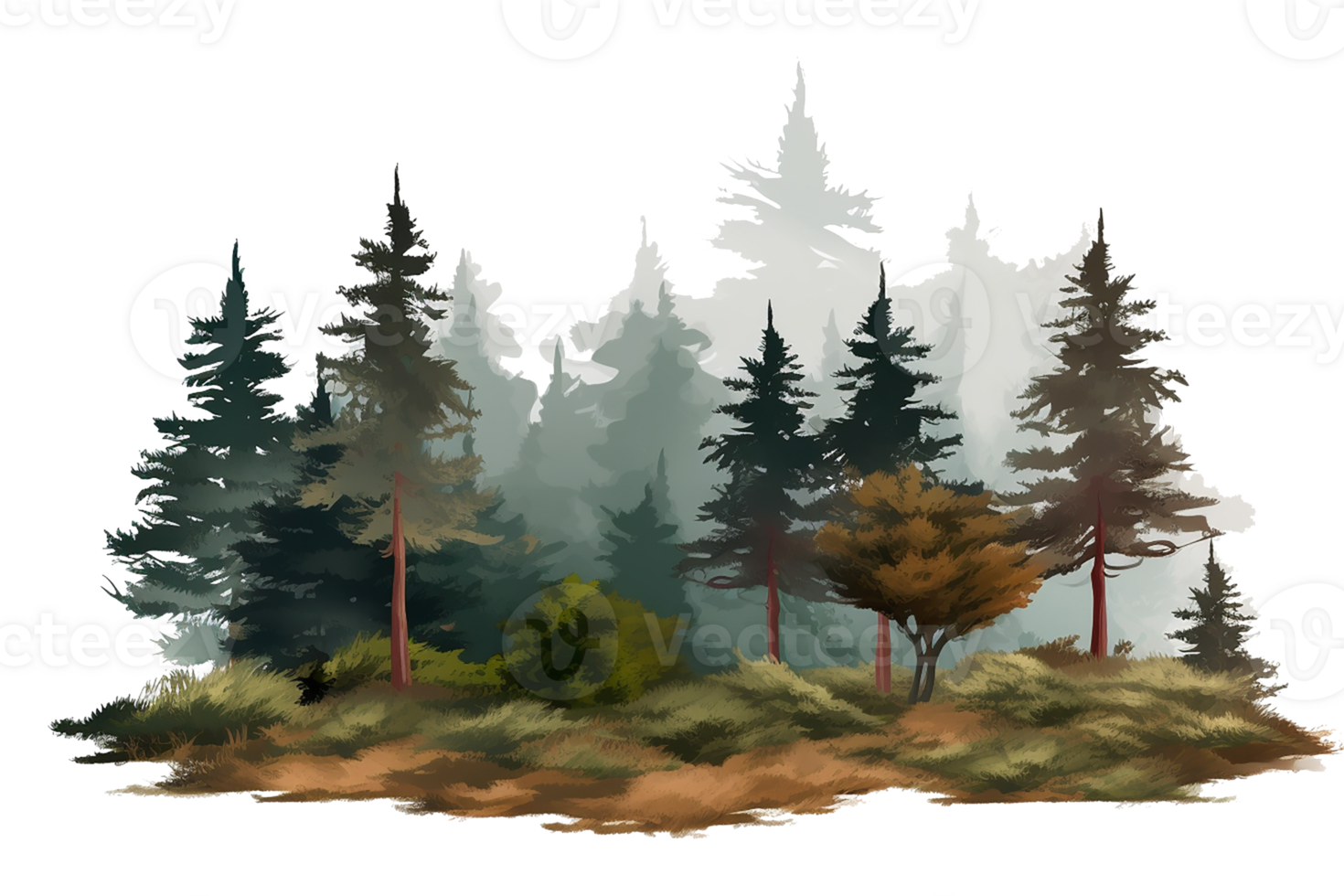 watercolor of small fir forest, group of tree landscape isolated on transparent background. Generative AI png