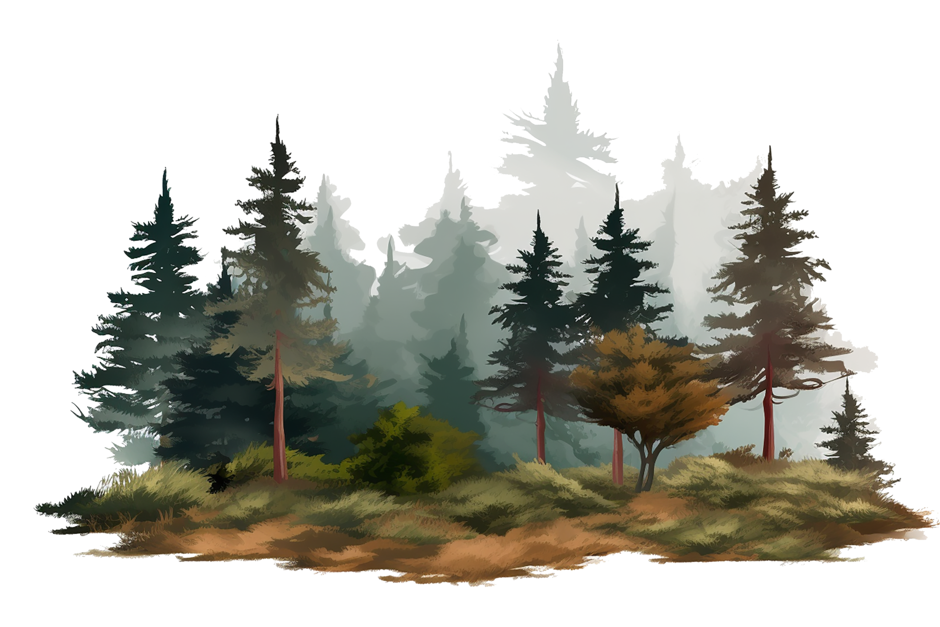 watercolor of small fir forest, group of tree landscape isolated on