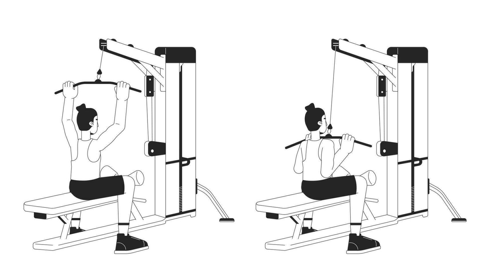 Muscle building with lat pulldown machine bw vector spot illustration. Sportsman 2D cartoon flat line monochromatic character for web UI design. Back exercises editable isolated outline hero image