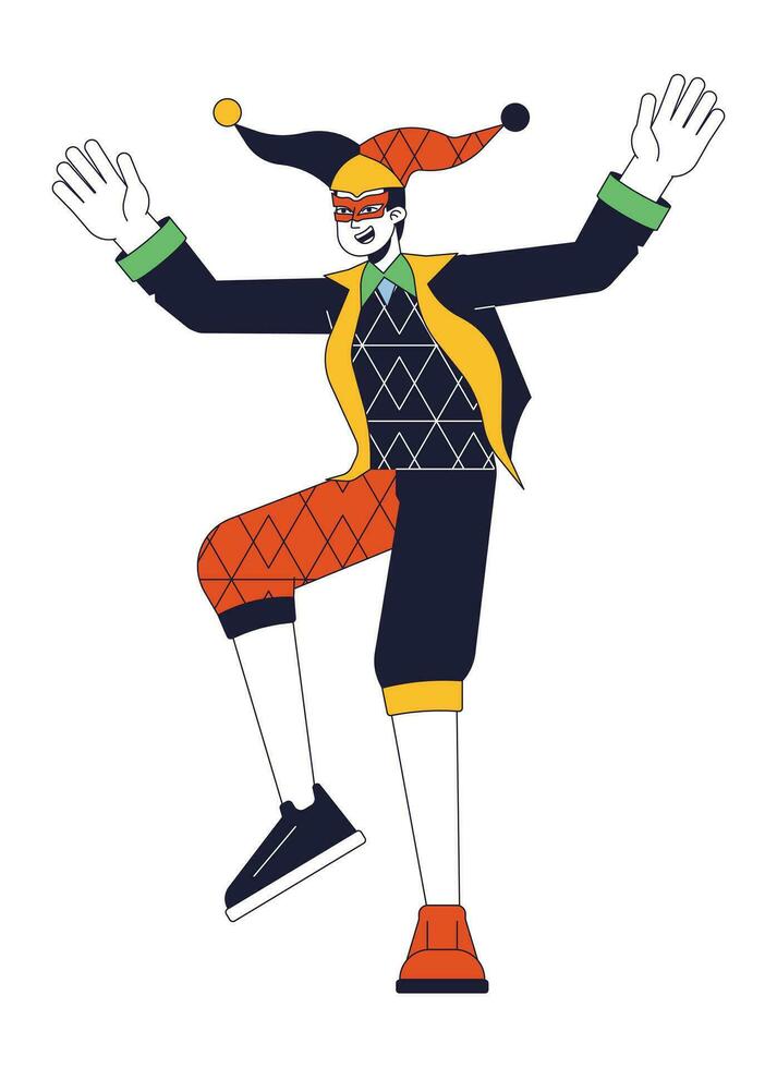 Joker in medieval costume flat line color vector character. Funny man dancing. Entertainment. Editable outline full body person on white. Simple cartoon spot illustration for web graphic design
