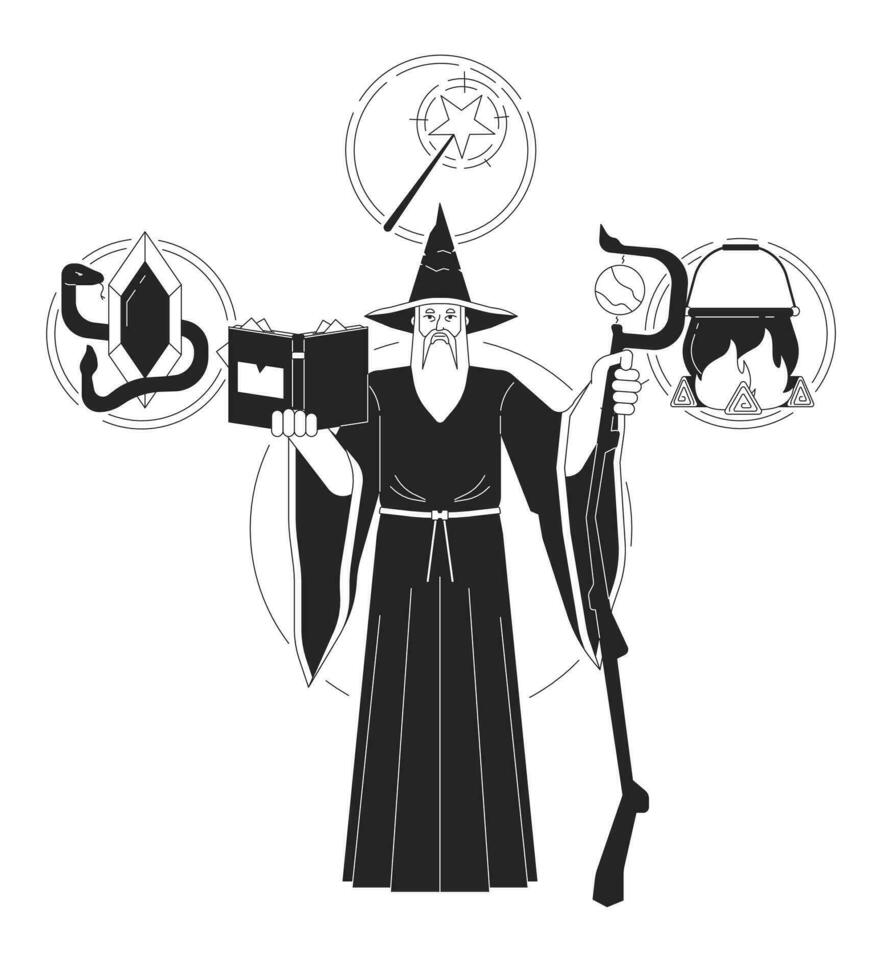 Wizard person archetype bw concept vector spot illustration. Wise man with magical staff 2D cartoon flat line monochromatic character for web UI design. Psychology editable isolated outline hero image