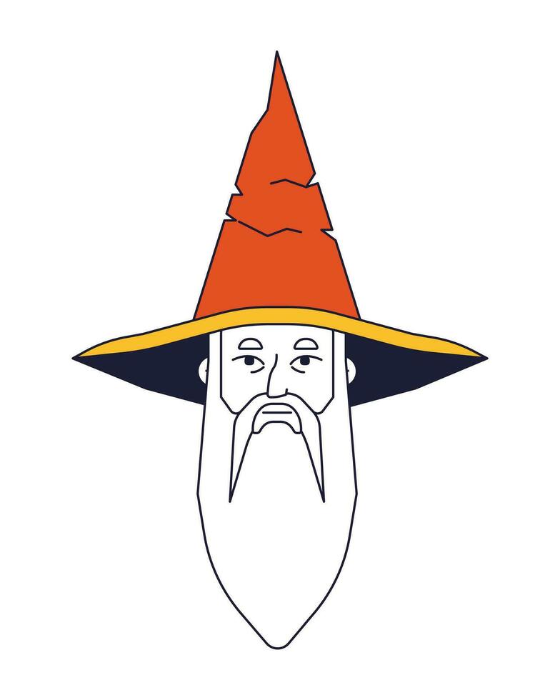 Old bearded man flat line color vector character head. Wizard hat. Editable cartoon avatar icon. Face emotion. Simple cartoon spot illustration for web graphic design