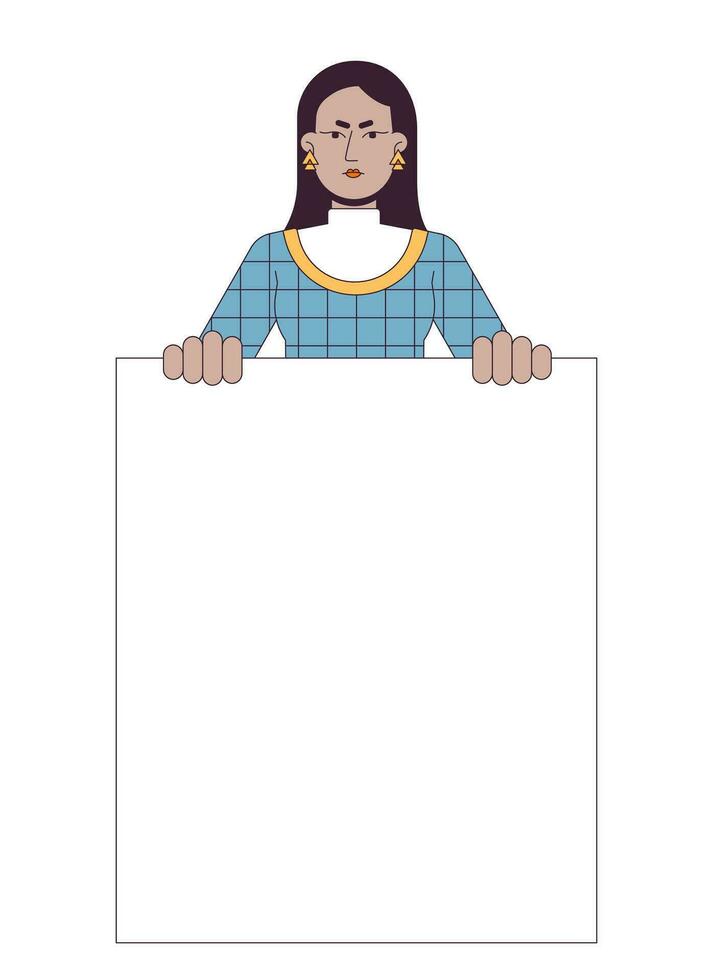 Protest marching flat line color vector character. Sad woman holding blank. Slogan. Editable outline half body person on white. Simple cartoon spot illustration for web graphic design