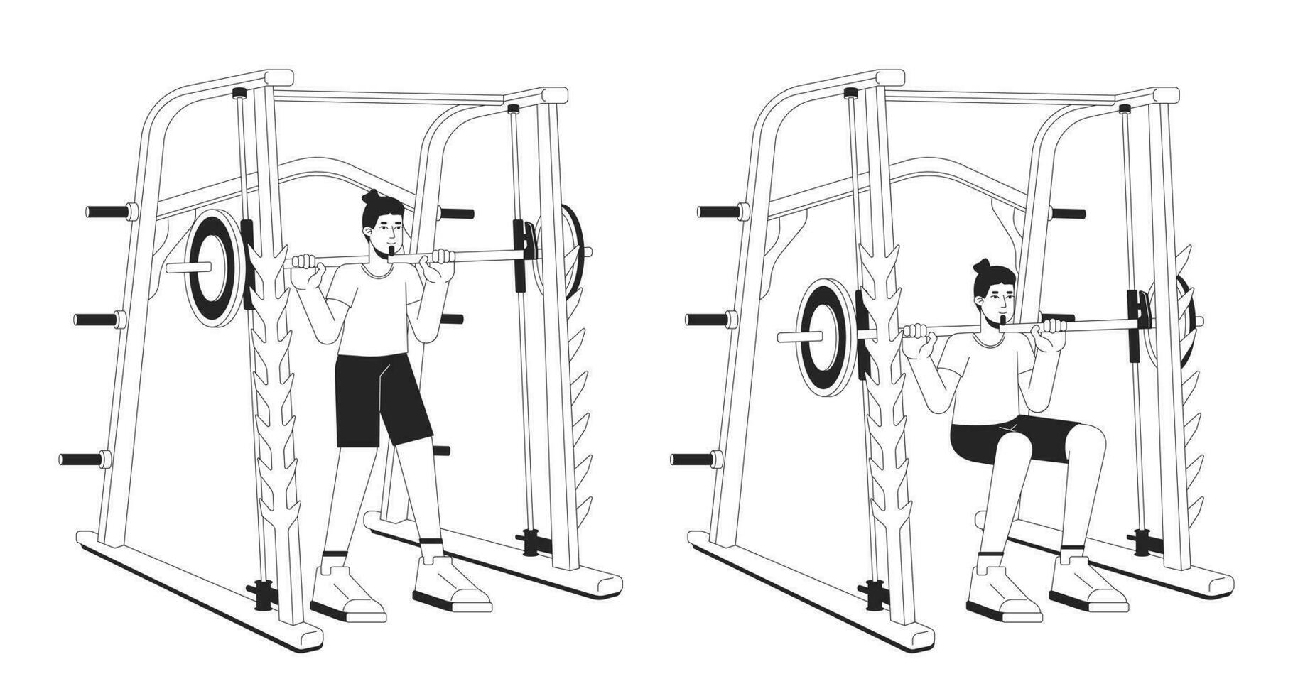 Muscle building with weight power rack bw vector spot illustration. Sportsman 2D cartoon flat line monochromatic character for web UI design. Gaining muscle mass editable isolated outline hero image