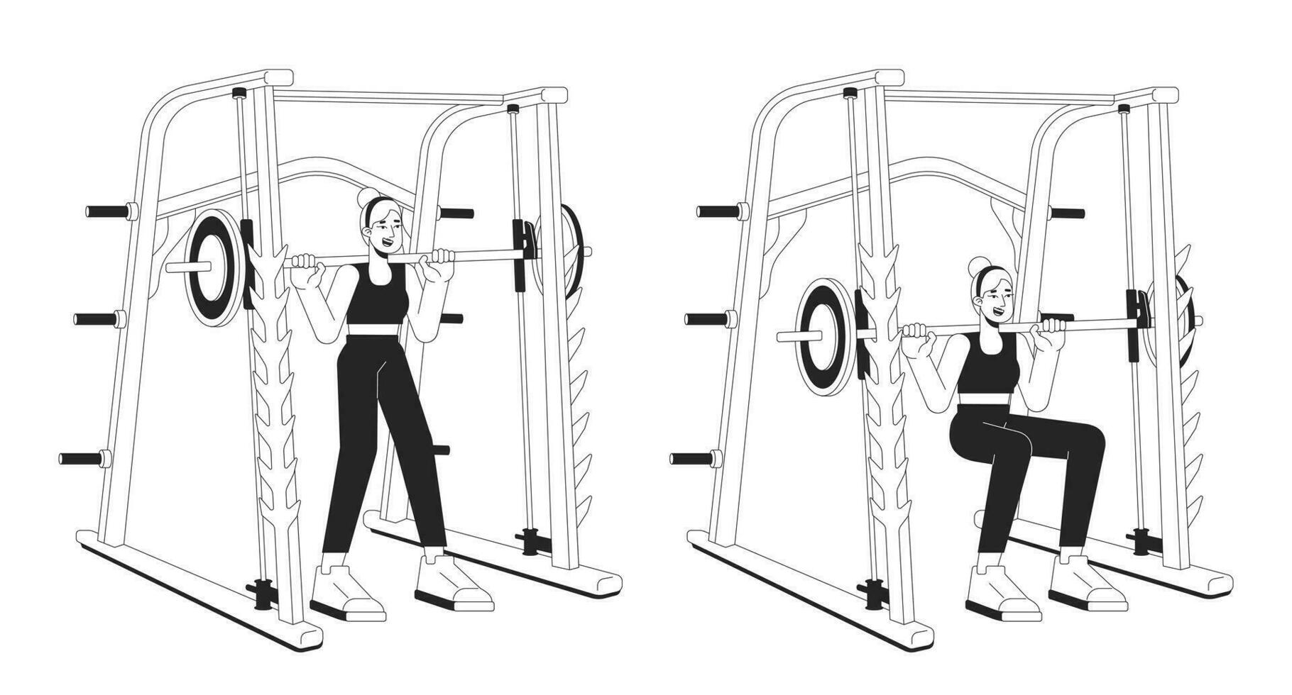 Working out on weight power rack bw vector spot illustration. Smith machine sportswoman 2D cartoon flat line monochromatic character for web UI design. Athletic editable isolated outline hero image