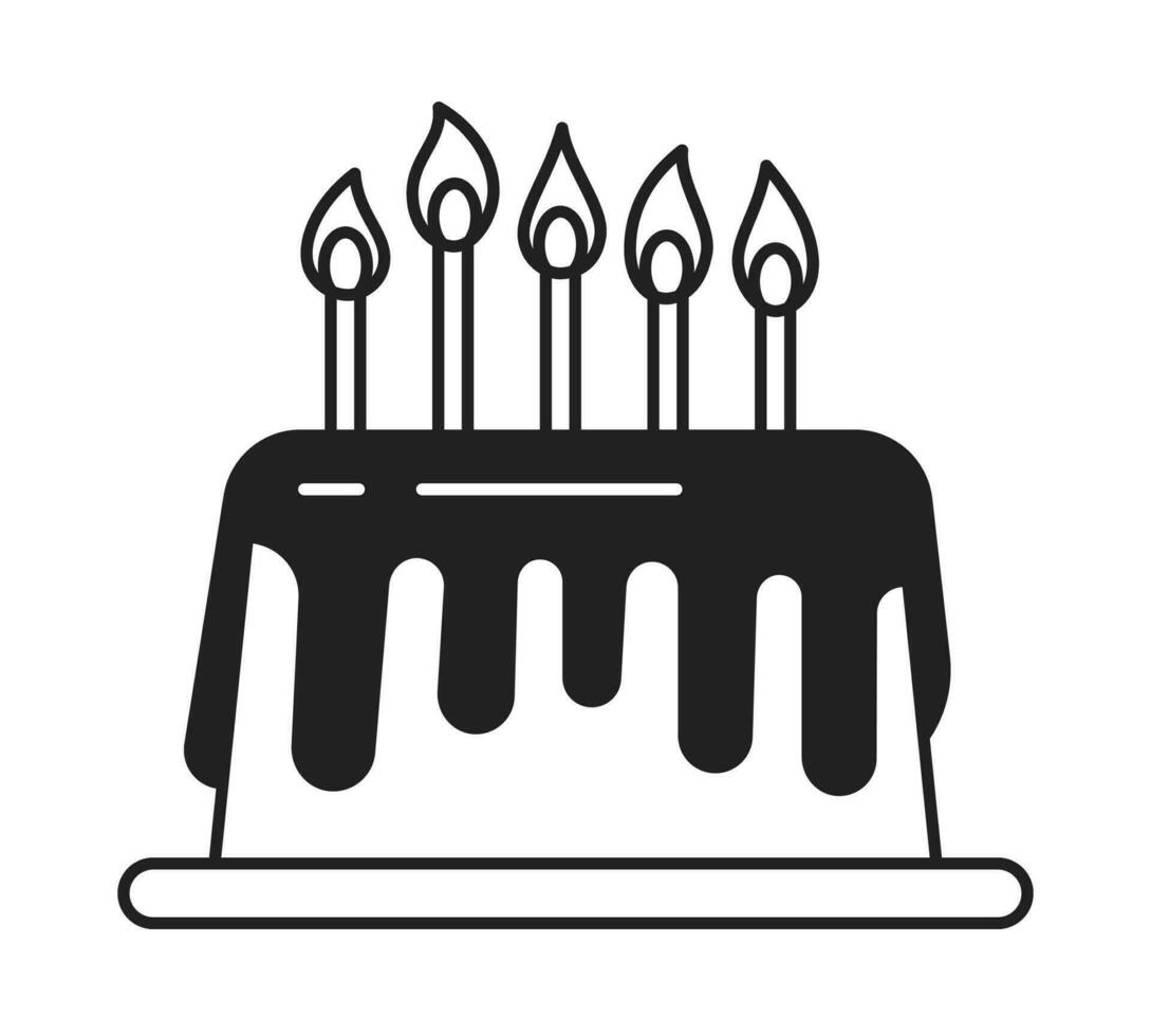 Birthday cake with candles monochrome flat vector object. Celebrating. Tasty dessert. Editable black and white thin line icon. Simple cartoon clip art spot illustration for web graphic design