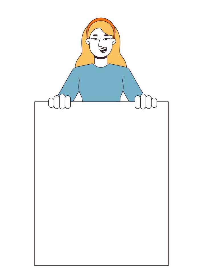 Cheerful caucasian demonstrator flat line color vector character. Female woman with banner. Editable outline half body person on white. Simple cartoon spot illustration for web graphic design