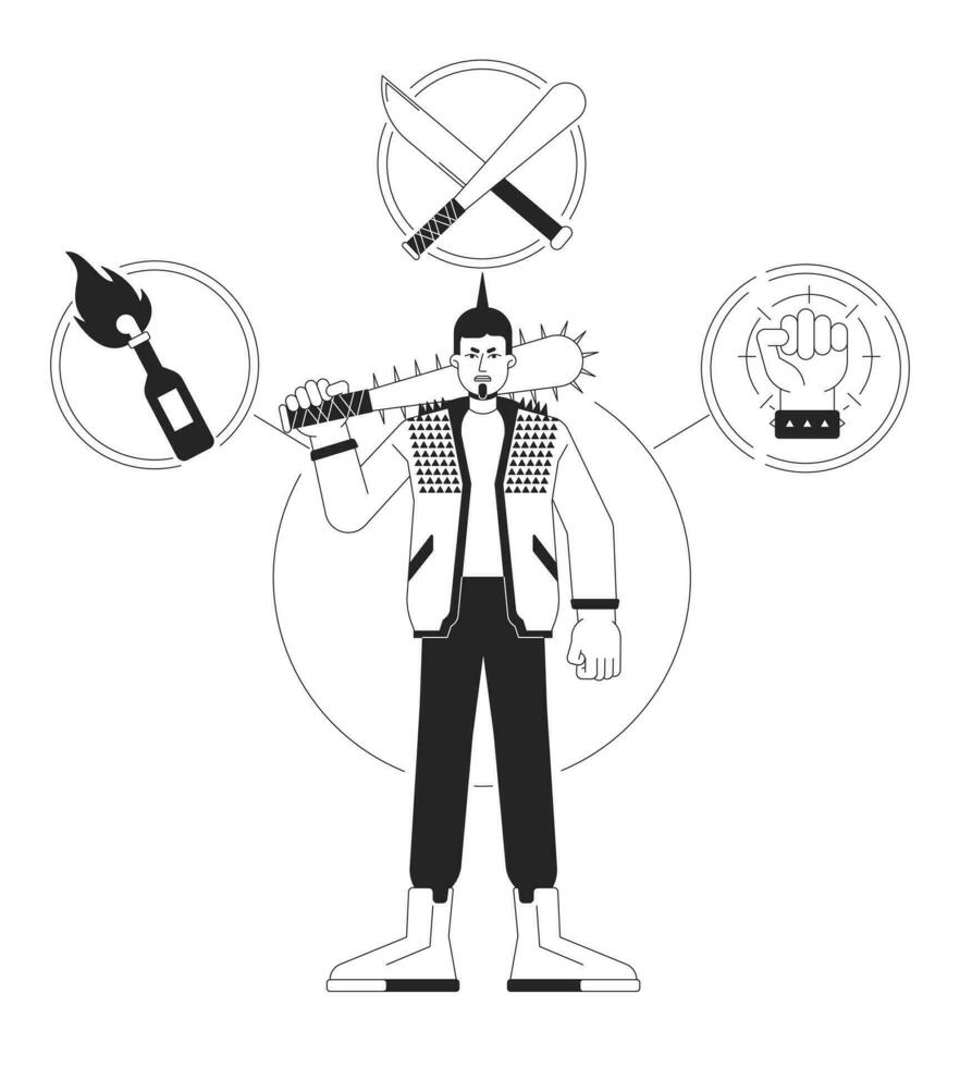 Rebel person archetype bw concept vector spot illustration. Aggressive man with baseball bat weapon 2D cartoon flat line monochromatic character for web UI design. Editable isolated outline hero image