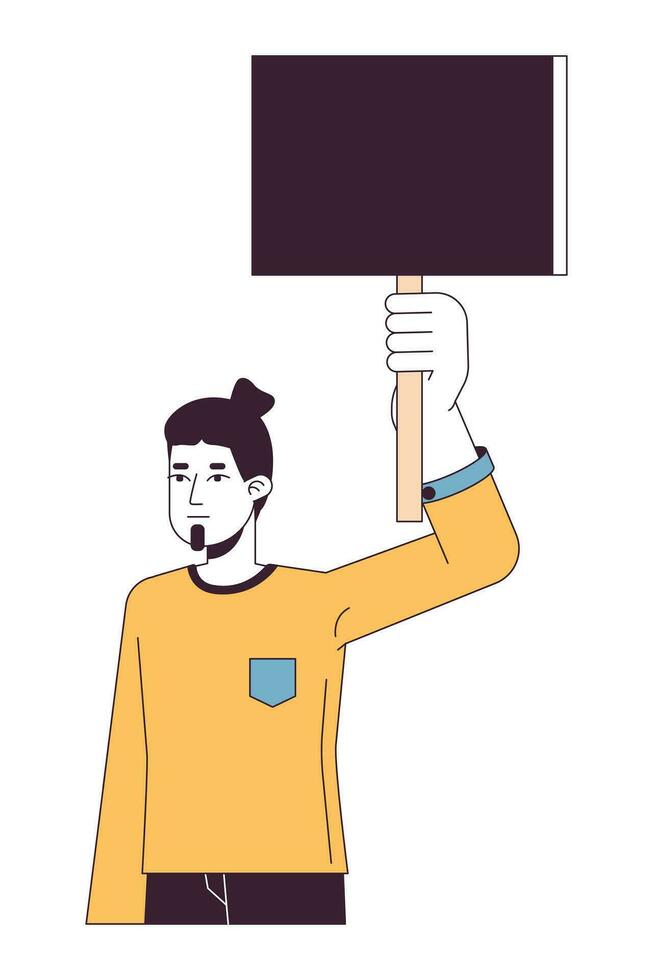 Man protesting flat line color vector character. Caucasian demonstrator with banner. Editable outline half body person on white. Simple cartoon spot illustration for web graphic design