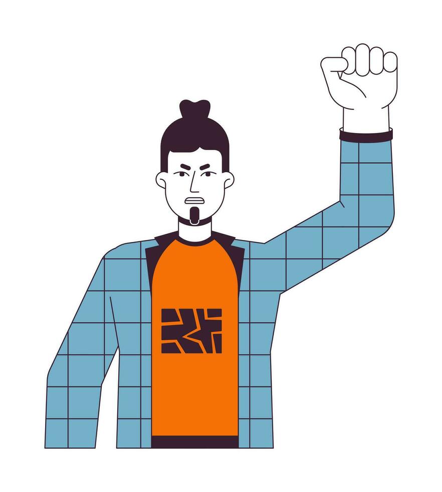 Aggressive protester flat line color vector character. Man clenching fist. Disappointed. Editable outline full body person on white. Simple cartoon spot illustration for web graphic design