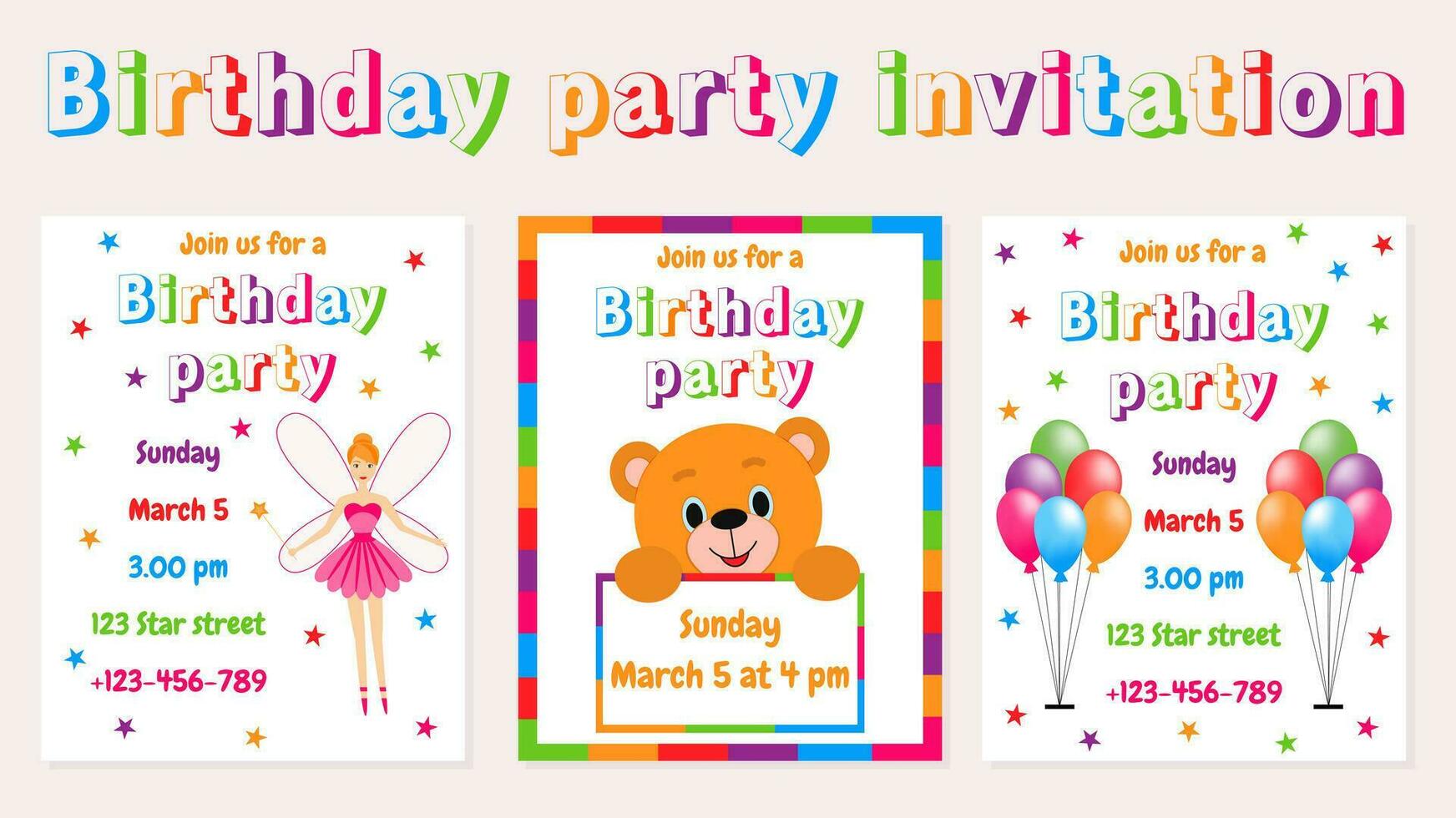 vector ilustración. colección de invitación tarjetas para para niños cumpleaños. multicolor globos, osito de peluche oso, hada