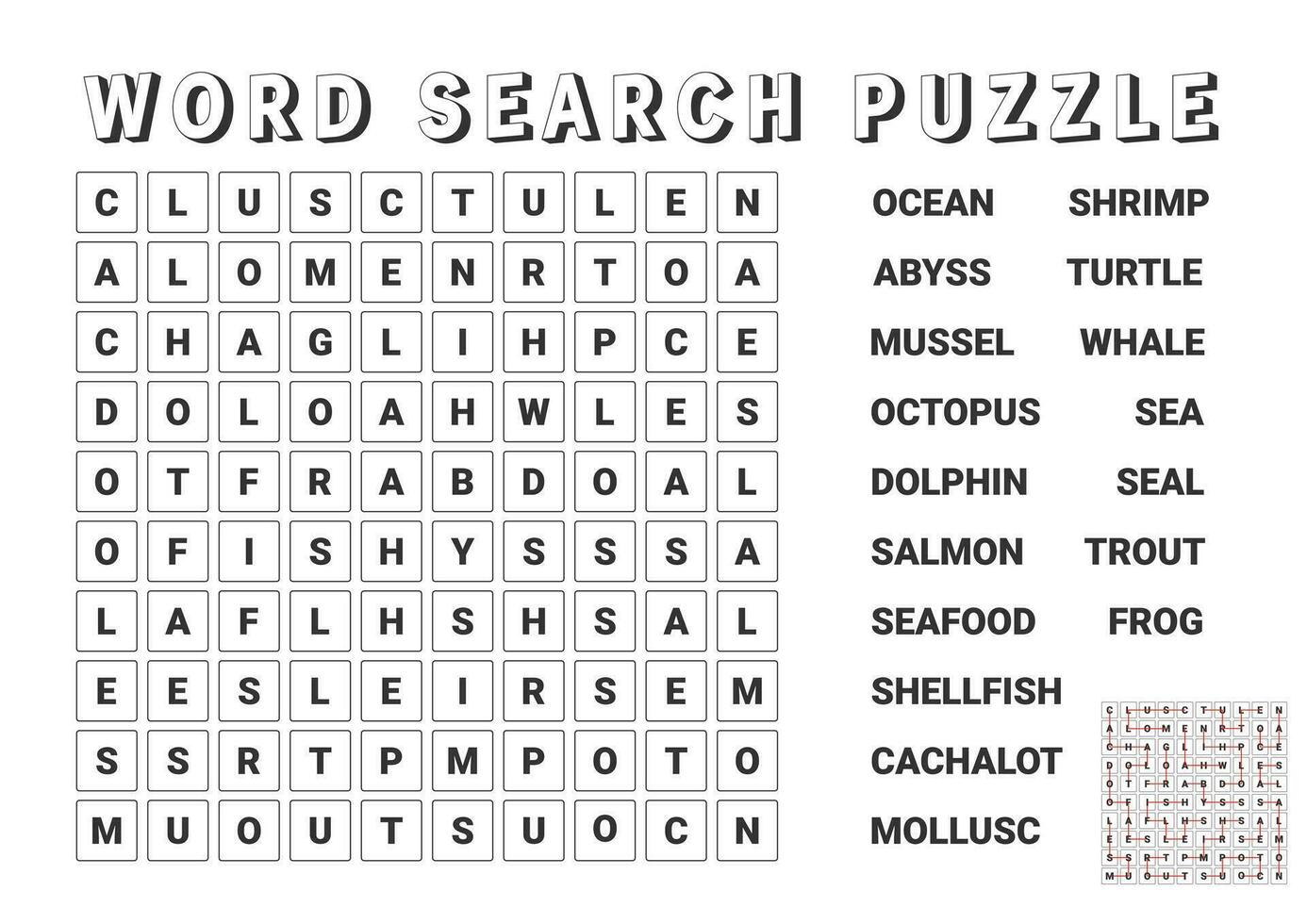 Vector illustration Word search puzzle Crossword puzzle on the ocean Vector illustration Word search puzzle Crossword puzzle on the ocean