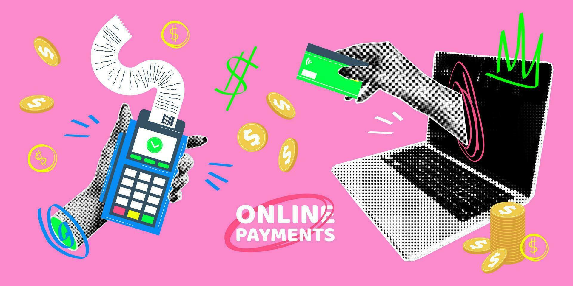 Retro collage on the topic of online payment for purchases. Halftone effect hands in vintage 90s style. Vector illustration, terminal in hand, credit card, computer.