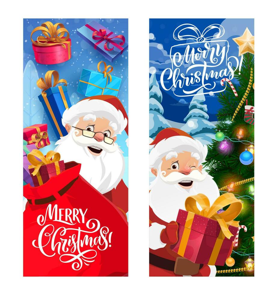 Christmas banners with Santa gifts, holiday tree vector