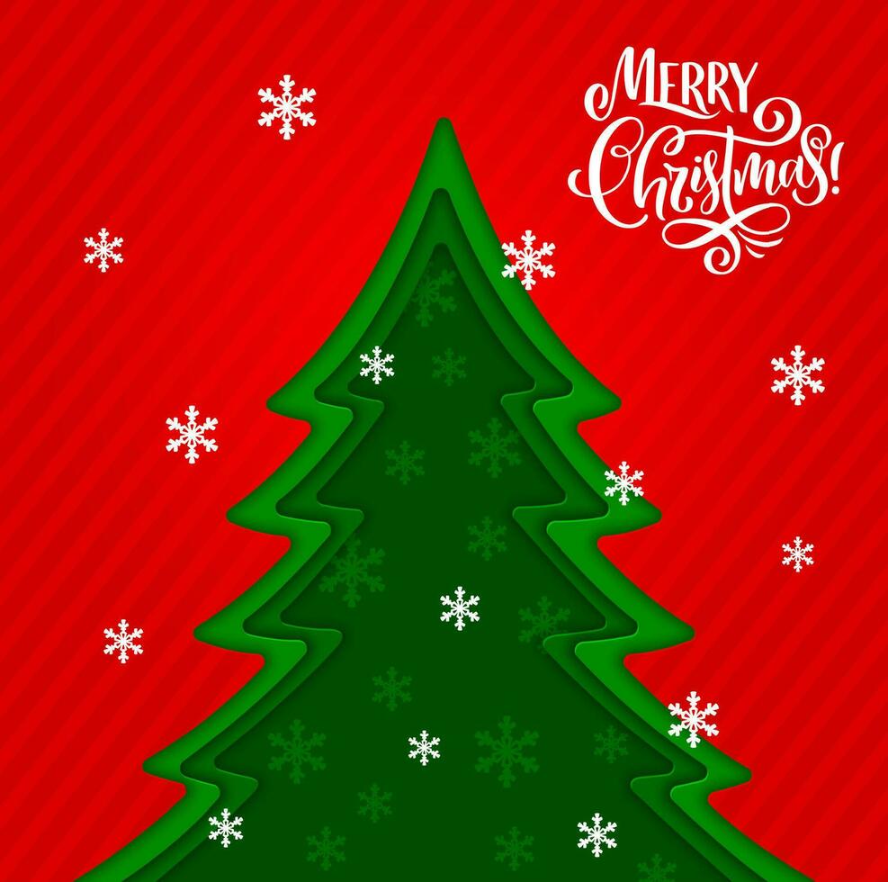 Christmas paper cut pine tree with snowflakes vector