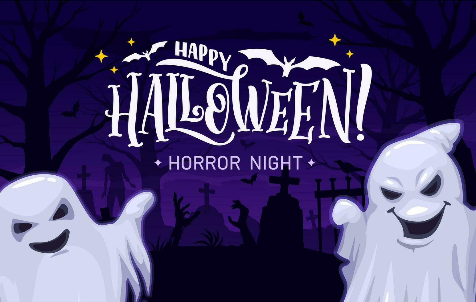 Cartoon Halloween ghosts on midnight cemetery vector