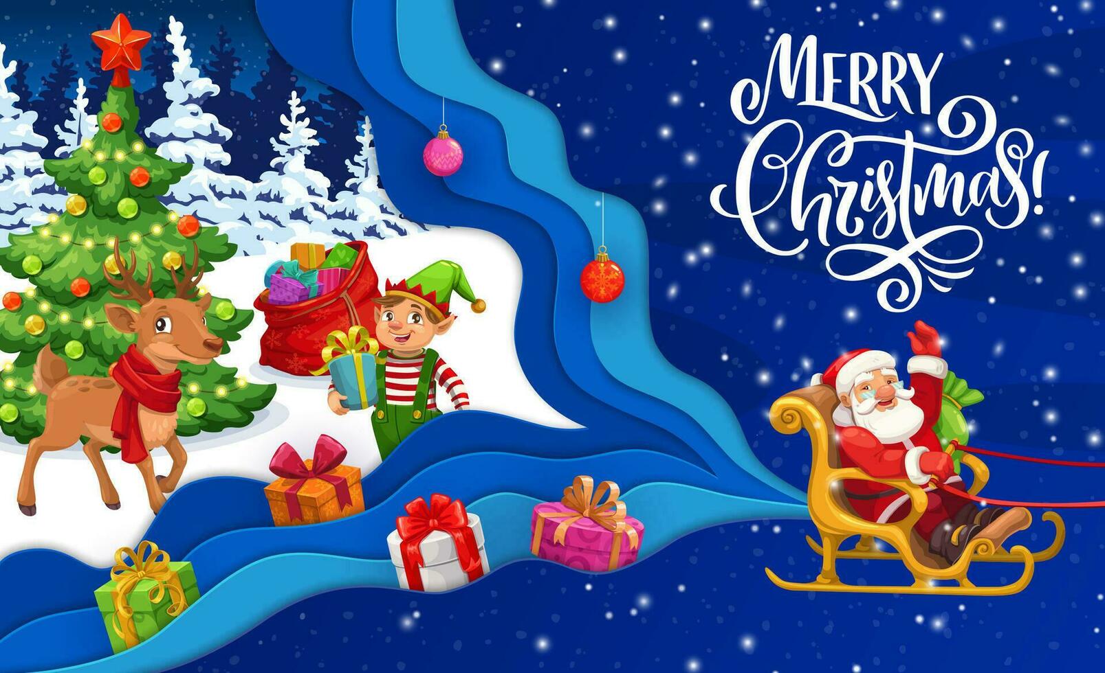 Cartoon paper cut flying Santa on sleigh, gnome vector