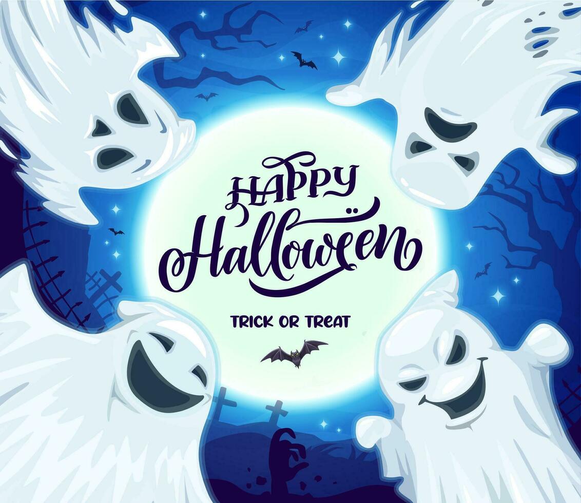 Cartoon funny Halloween ghosts on holiday banner vector