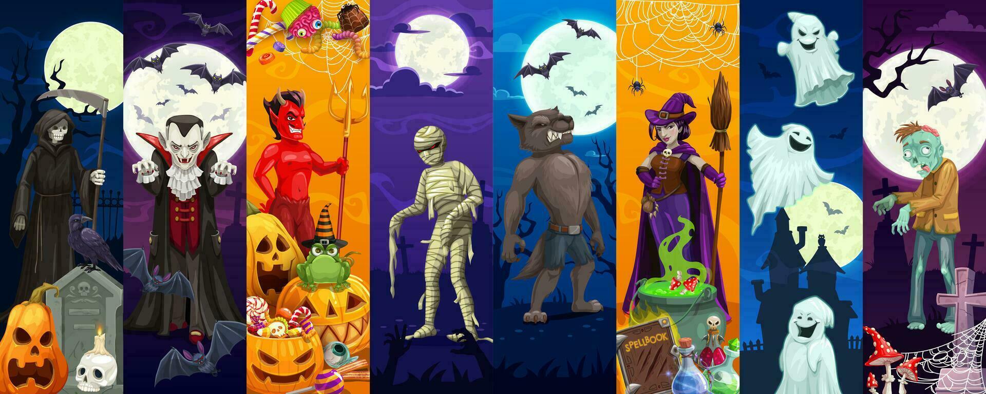 Halloween characters collage, monsters at cemetery vector