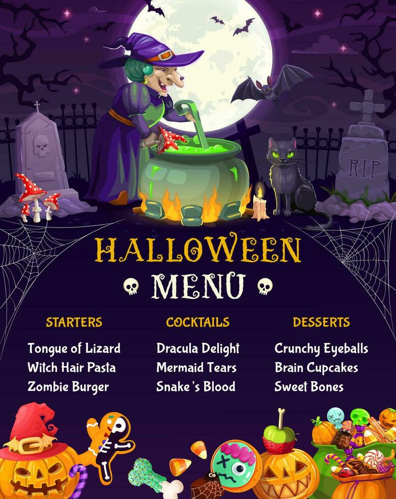 Halloween menu for holiday party, witch, cauldron vector