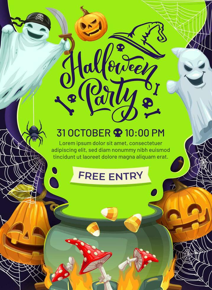 Halloween party flyer, witch cauldron, funny ghost vector
