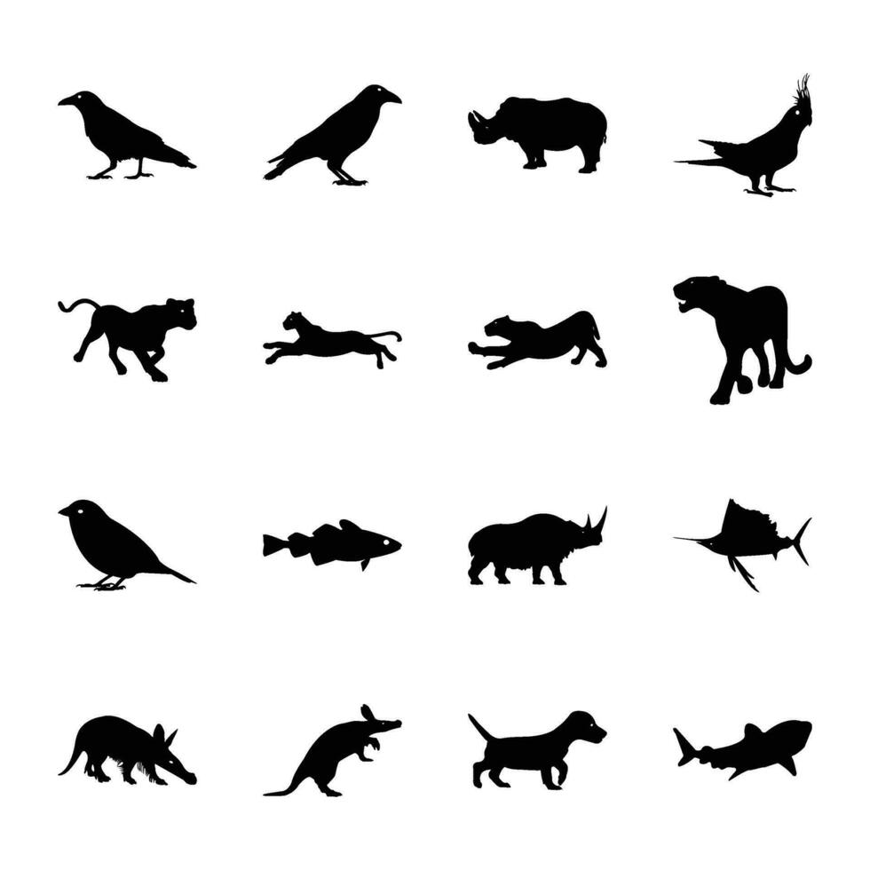 paquete de pez, aves y animales sólido icono vectores