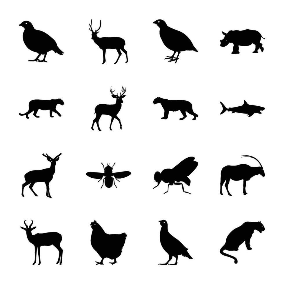 Pack of Zoo Birds and Animals Solid Icon Vectors