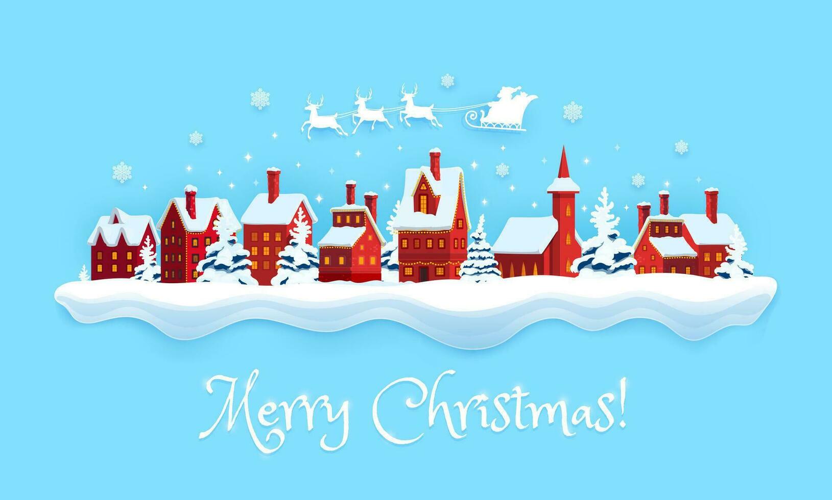 Christmas banner with snowy town and Santa sleigh vector