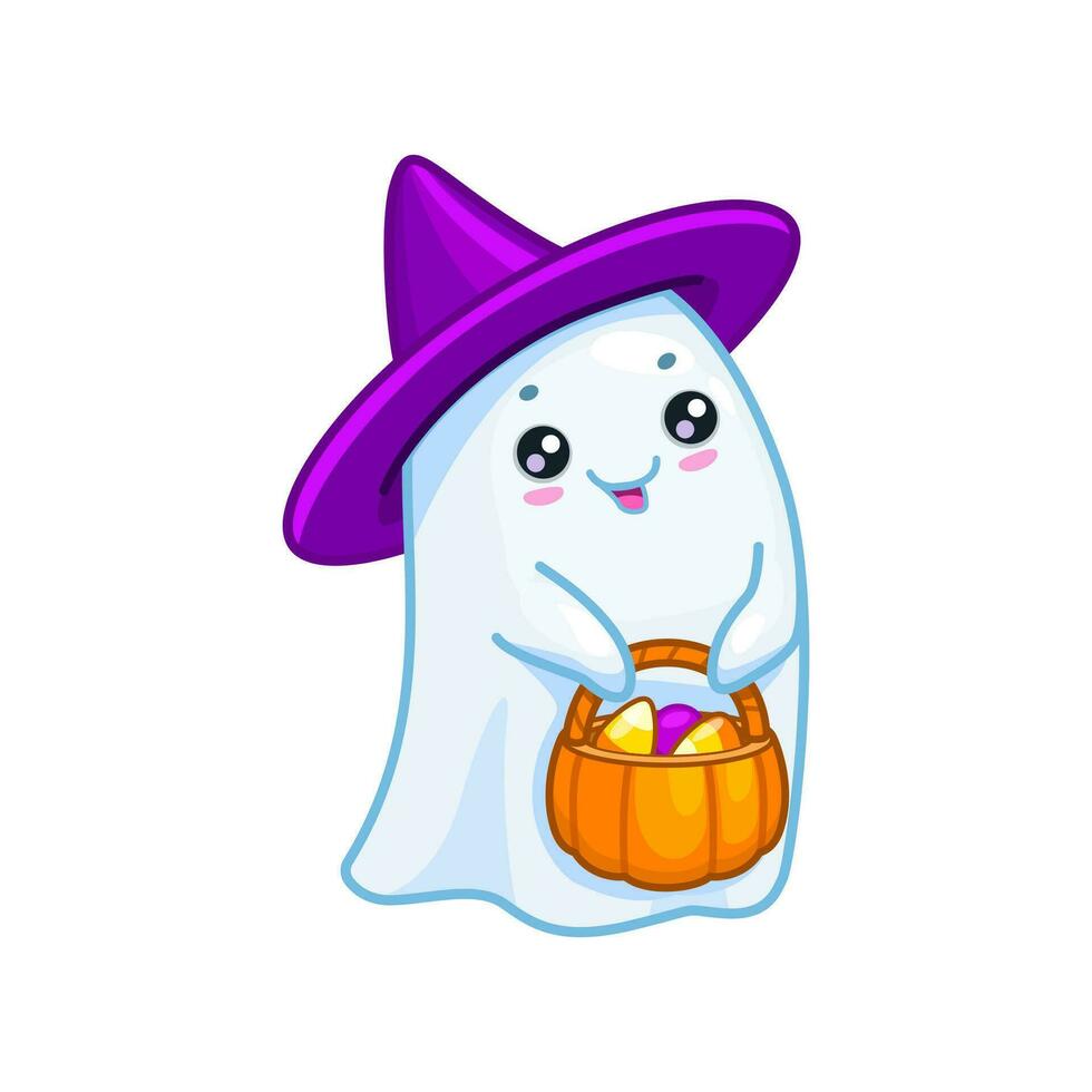 Halloween kawaii ghost character with pumpkin bag vector