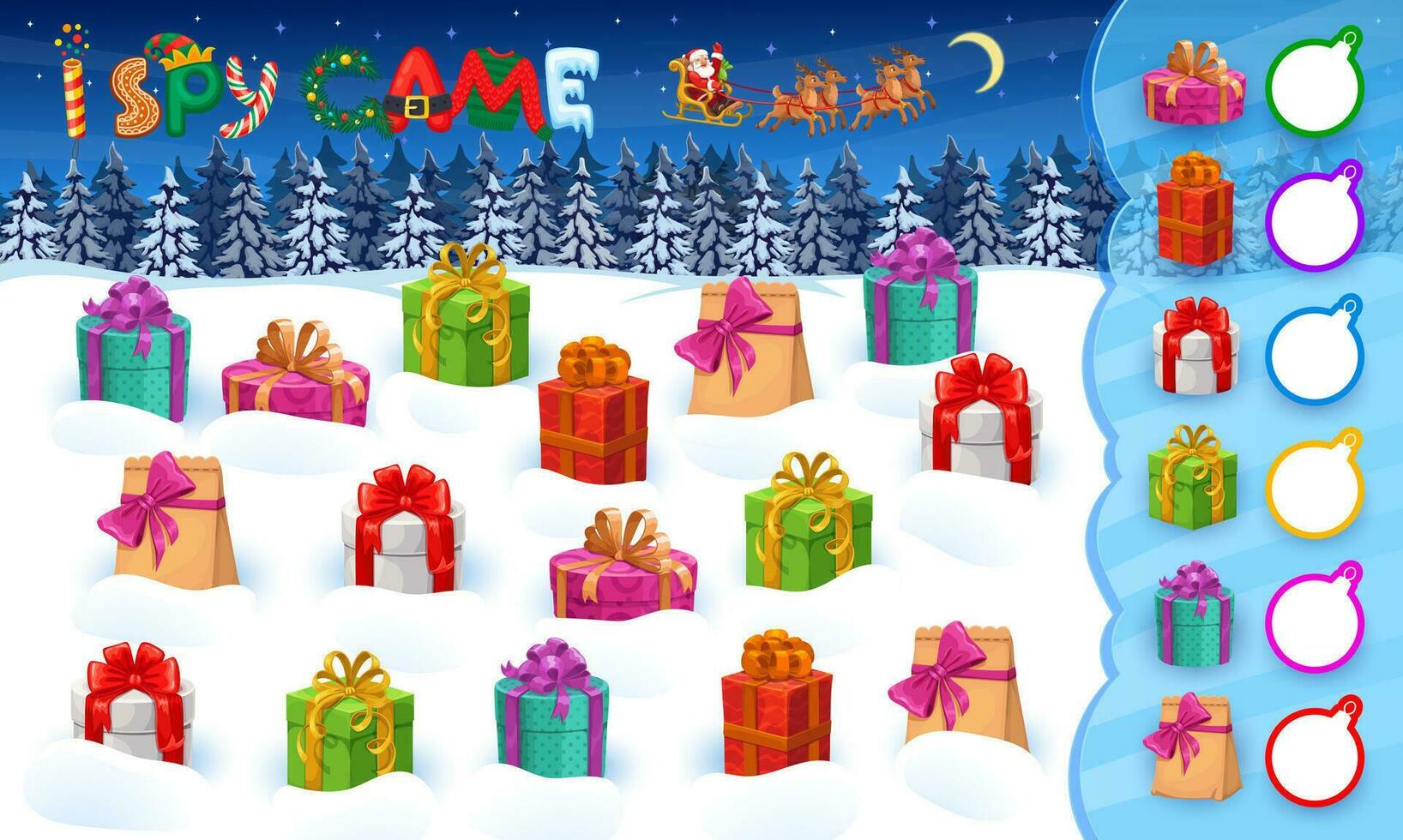 I spy game Christmas holiday gifts on snow, quiz vector