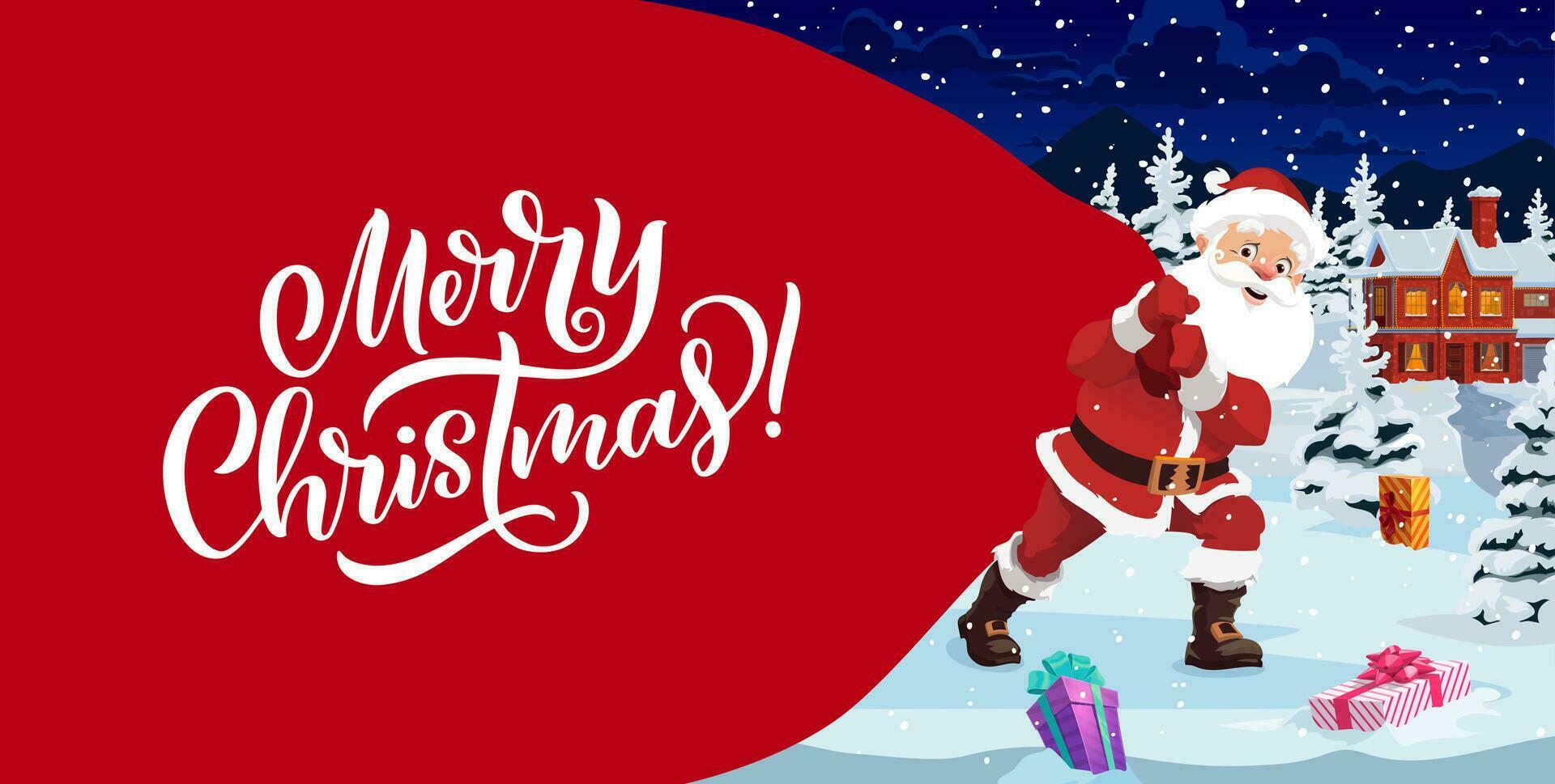 Christmas banner, cartoon santa with big gifts bag vector