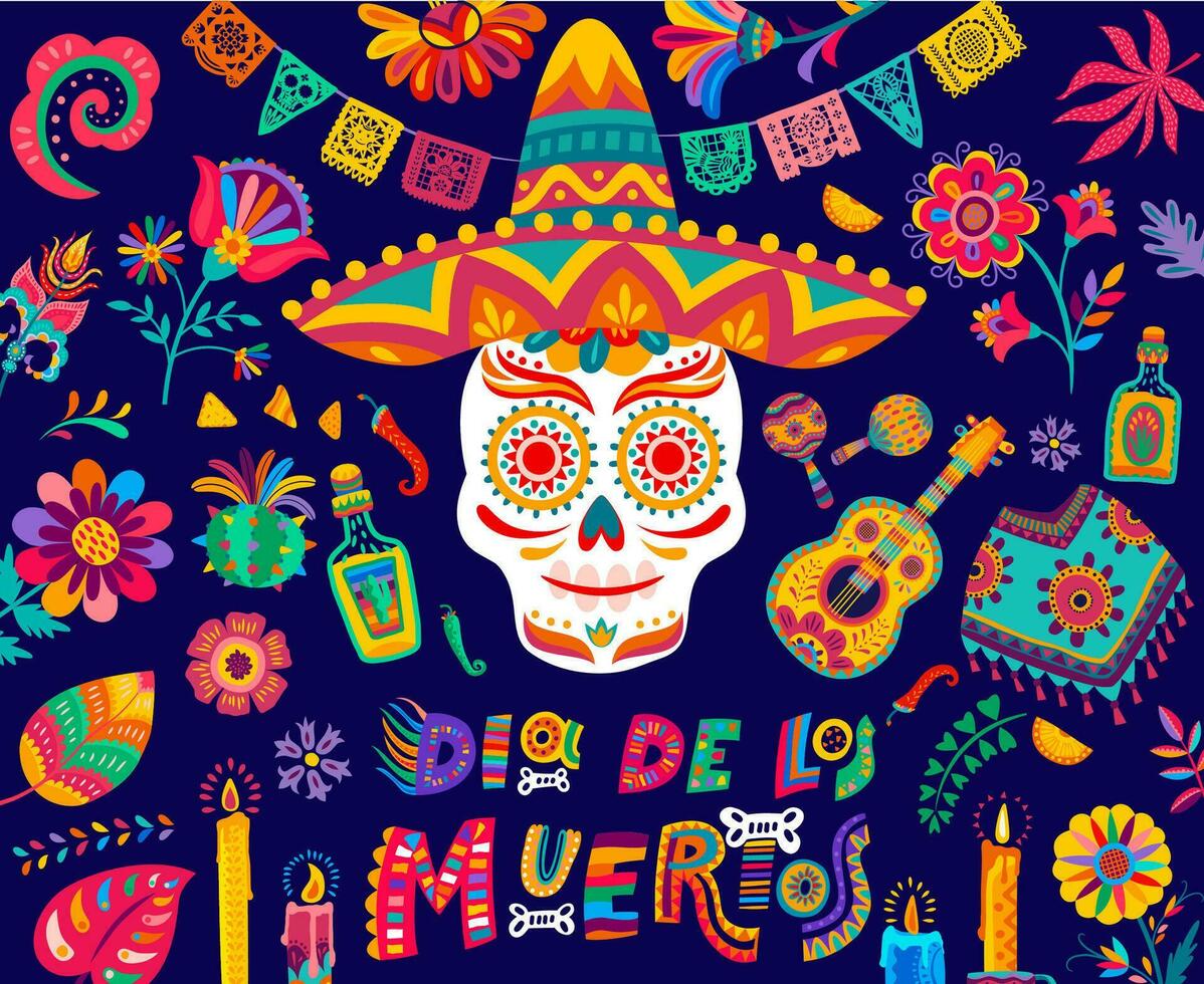 dia Delaware los muertos mexicano cráneo, velas, guitarra vector