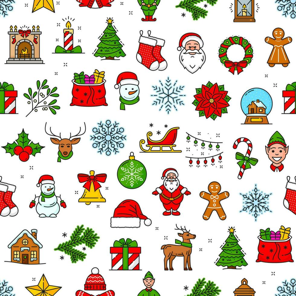 Christmas line seamless pattern, Santa and gifts vector