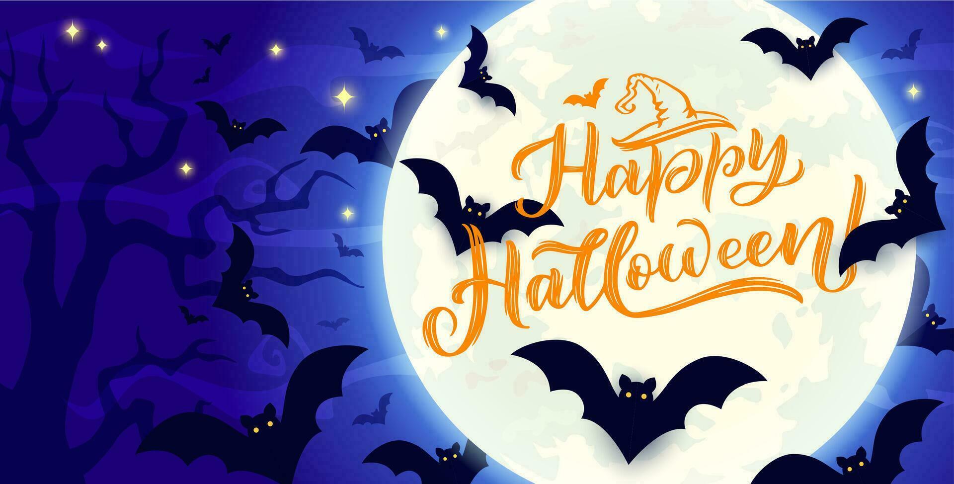 Midnight Halloween sky with flying bats and moon vector