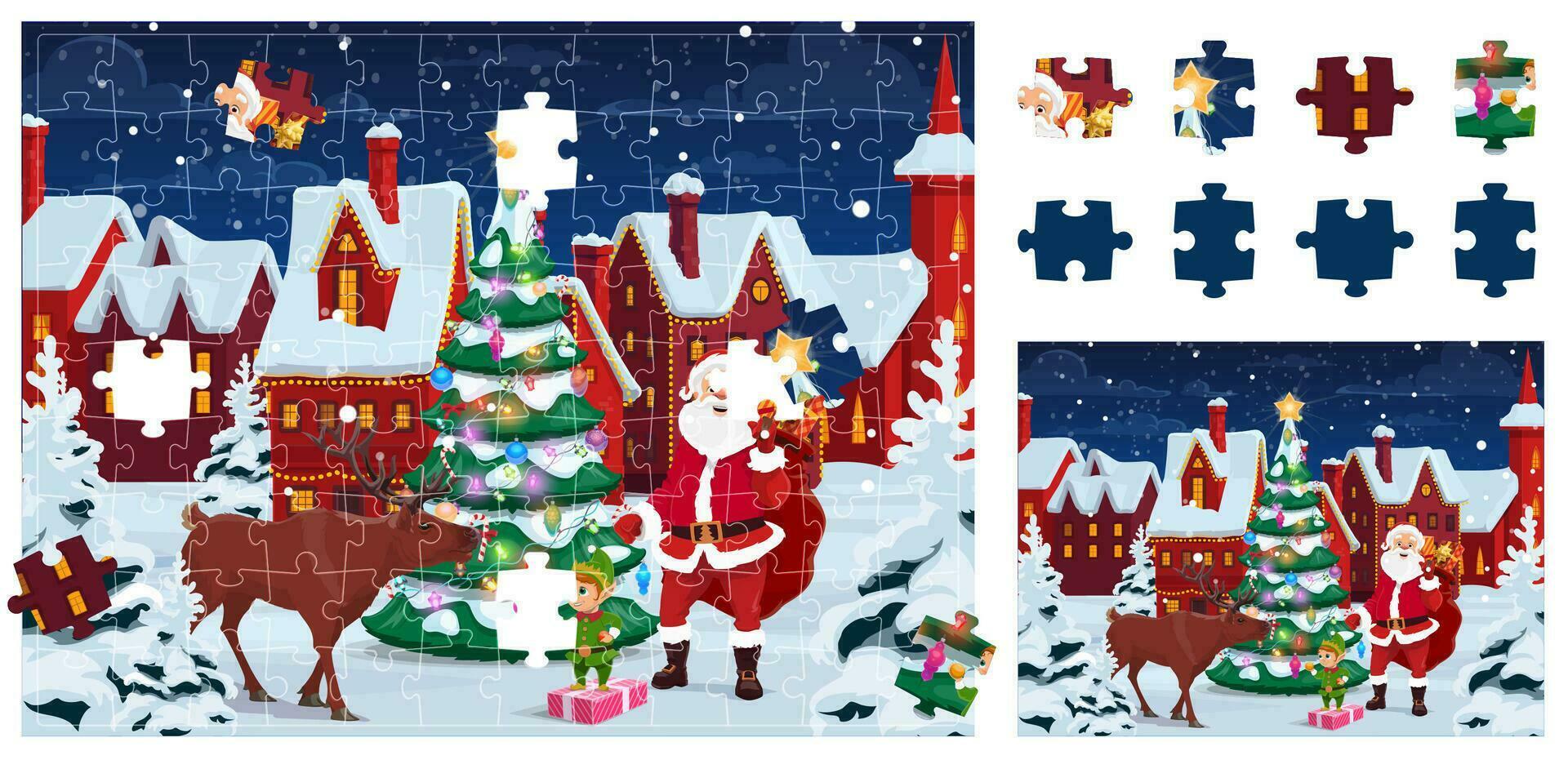 Jigsaw puzzle game pieces, Christmas landscape vector