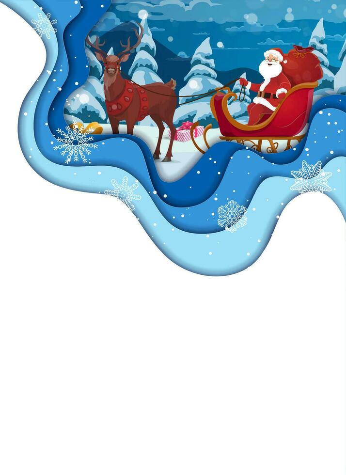 Christmas paper cut cartoon santa on sleigh vector