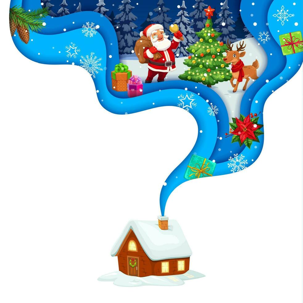 Christmas paper cut banner with Santa and deer vector