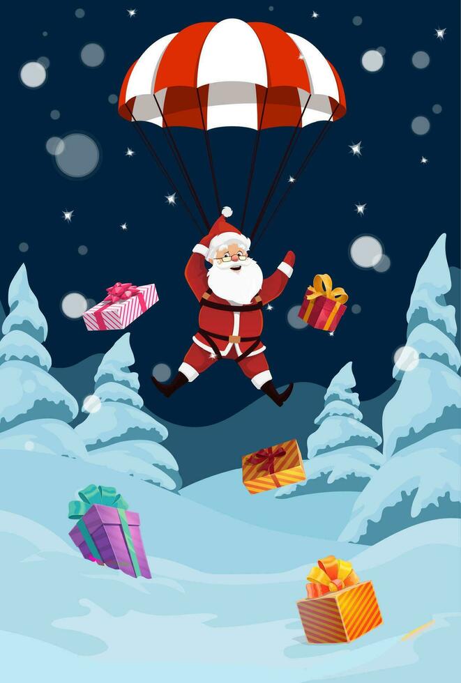 Santa descends from the sky on a parachute, vector