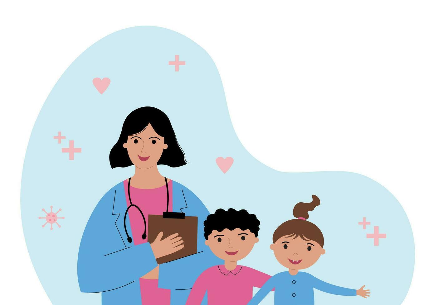 Children's doctor medic hand drawn vector illustration with pediatrician and children on isolated white background. Healthcare medicine health baby. Design element for print, paper, card, template