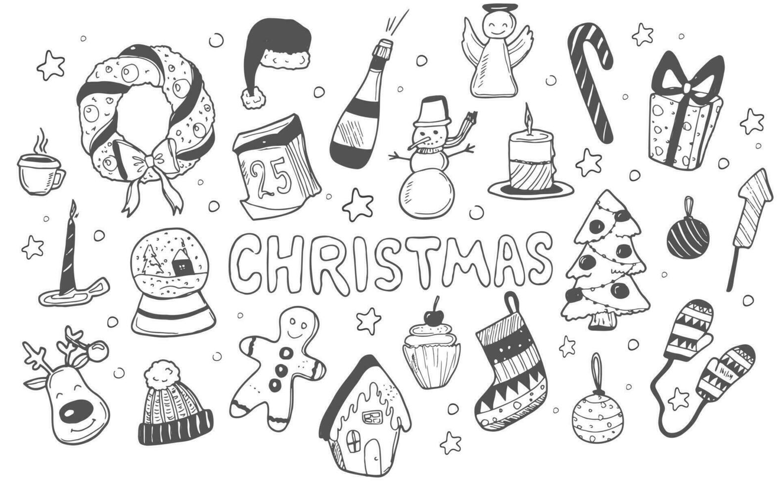 Set of Christmas design element in doodle style. Vector line icons