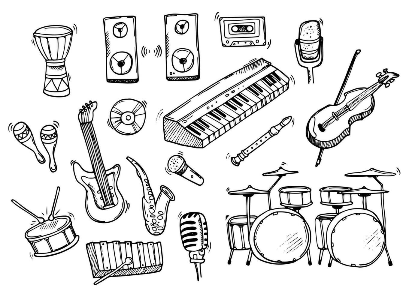 Doodle music icons set. Musical instruments in vector. vector