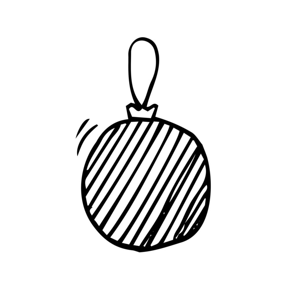 Hand drawn Christmas bauble. Tree toy, ball. New year or Christmas design element. Doodle style. Black and white vector illustration.
