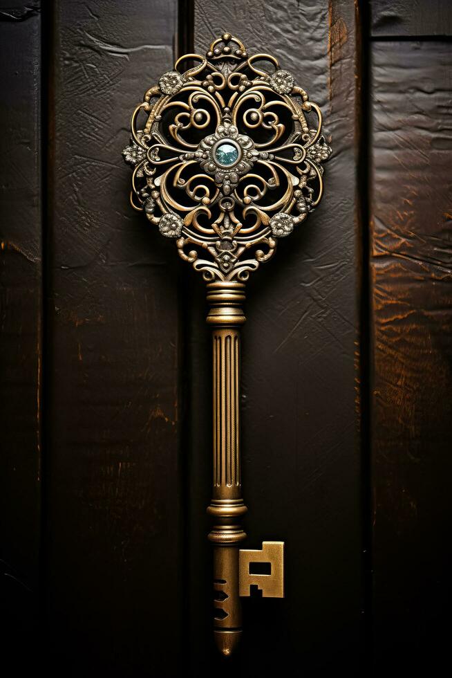 A vintage key with a ghostly aura symbolizing the entryway to mysterious haunted houses during October photo