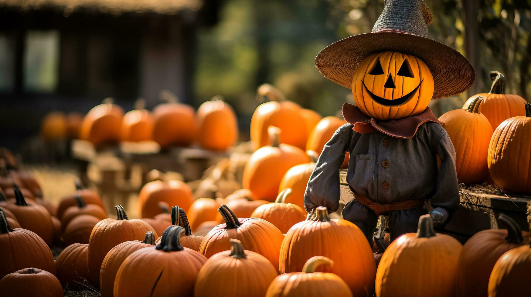 A rustic pumpkin patch adorned with vibrant orange pumpkins and a charming scarecrow welcomes visitors to an autumn celebration photo