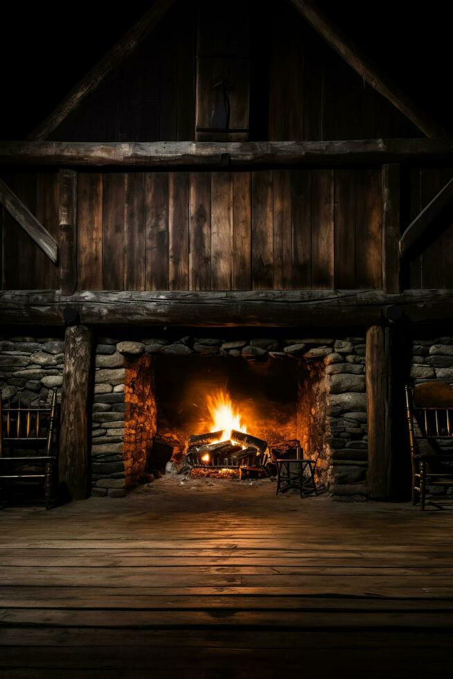 A peaceful scene of a rustic cabin with a crackling fireplace background with empty space for text photo