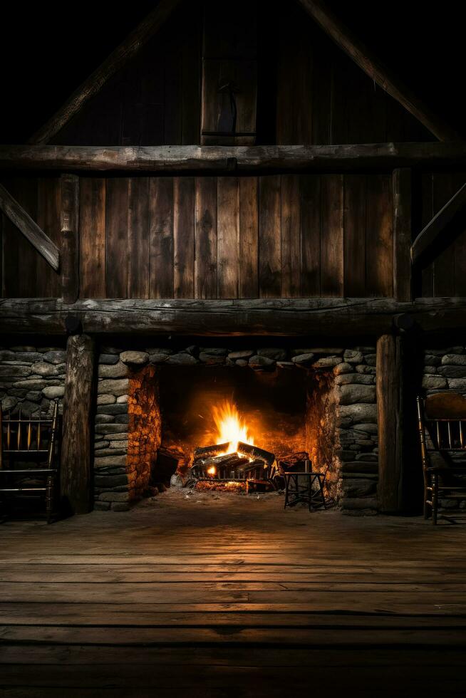 A peaceful scene of a rustic cabin with a crackling fireplace background with empty space for text photo