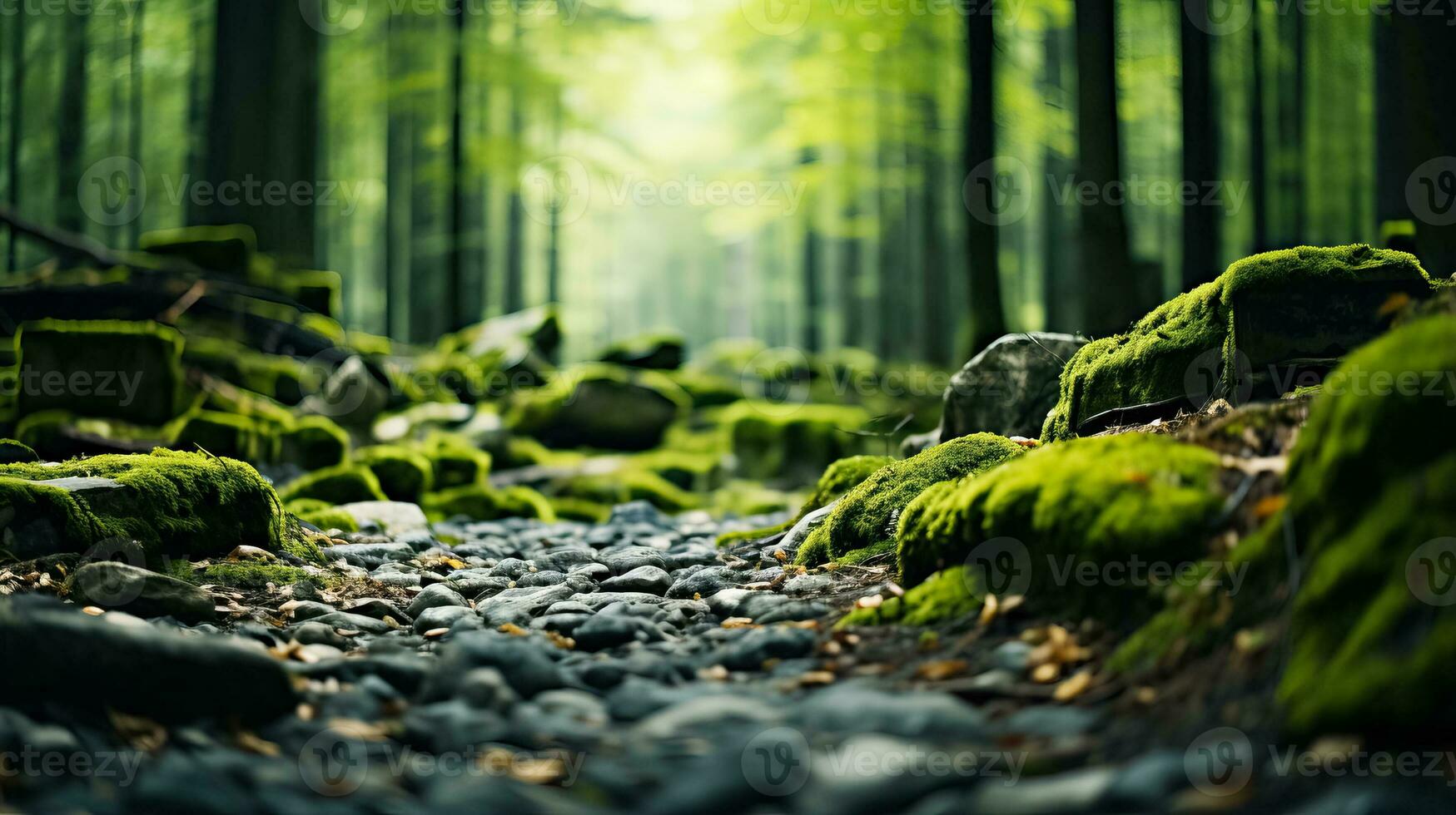 A picturesque forest scene with fallen leaves and moss-covered rocks background with empty space for text photo