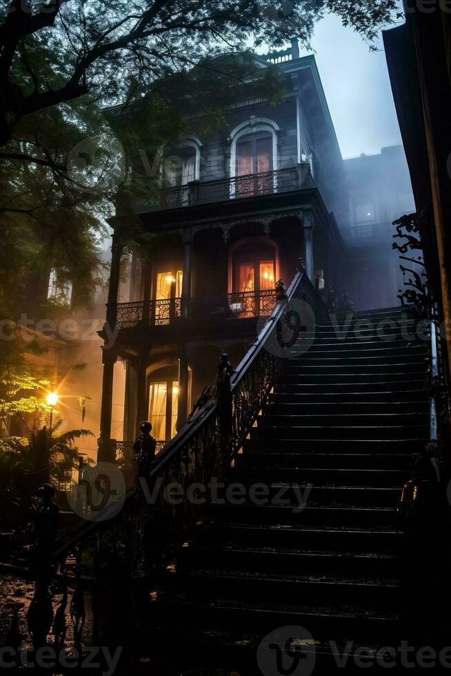 Draped in cobwebs and shrouded in darkness a haunted house awaits thrill-seekers on hair-raising ghost tours in October photo
