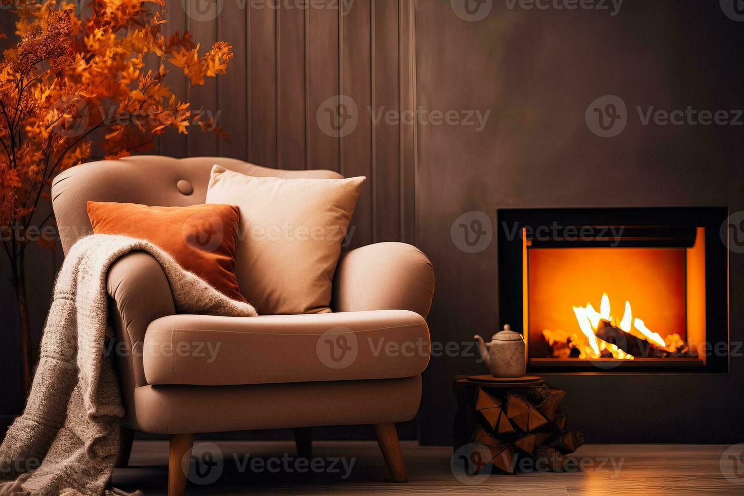 A warm living room with a crackling fireplace autumn leaves outside and a cozy armchair background with empty space for text photo